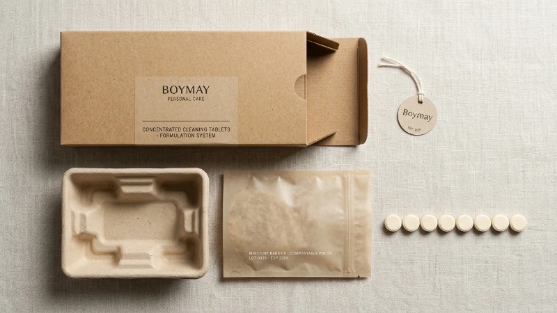 Deconstructed kraft tablet packaging flat lay