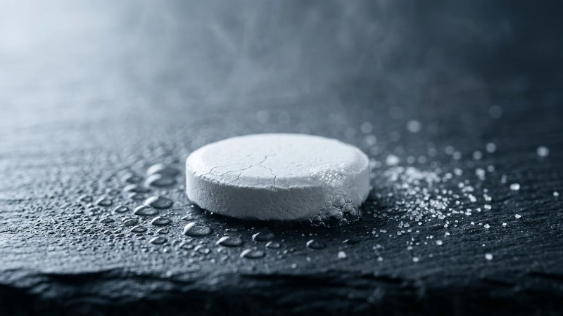 Moisture-softened effervescent tablet on dark slate Moisture-softened effervescent tablet on dark slate