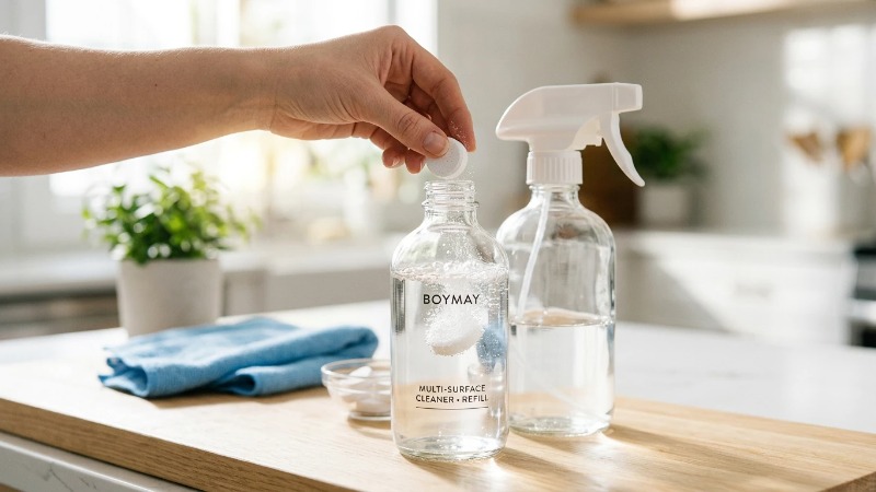 Hand dropping cleaning tablet into glass spray bottle Hand dropping cleaning tablet into glass spray bottle