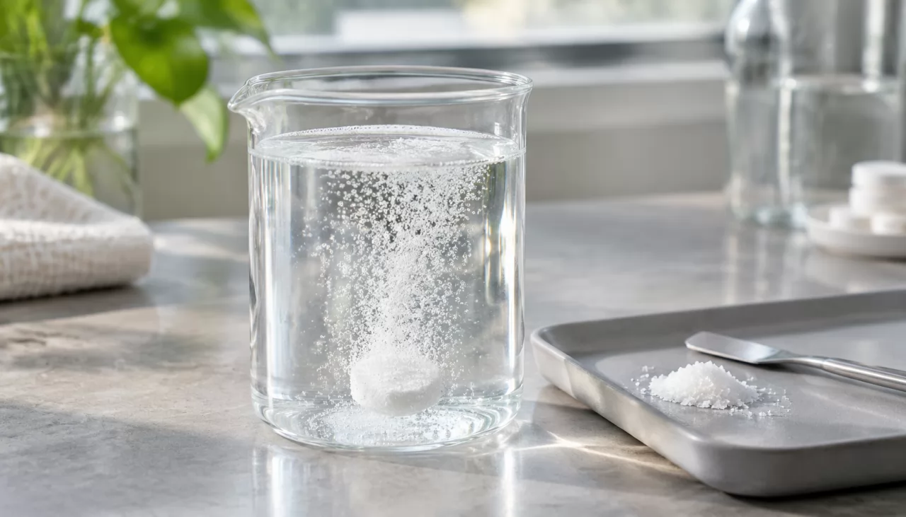 Brausetablette löst sich sprudelnd in einem Becherglas auf